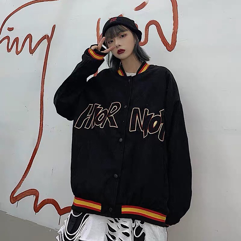 Áo khoác kaki nhung bomber unisex form rộng HIOK bóng chày nam nữ ulzzang Wind | BigBuy360 - bigbuy360.vn