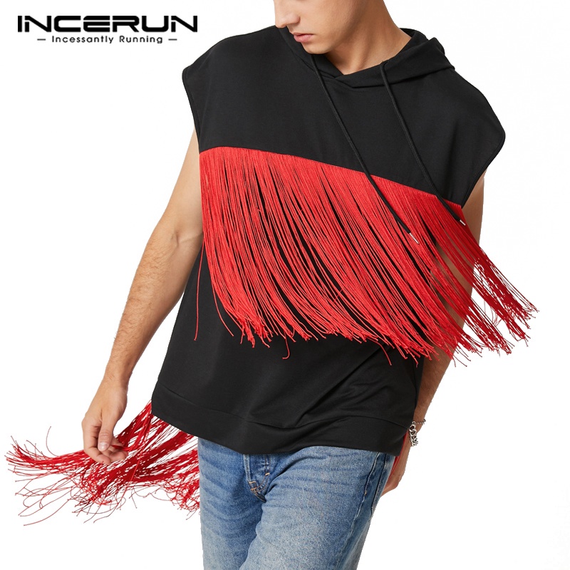 Áo hoodie INCERUN sát nách màu trơn tua rua thời trang cho nam