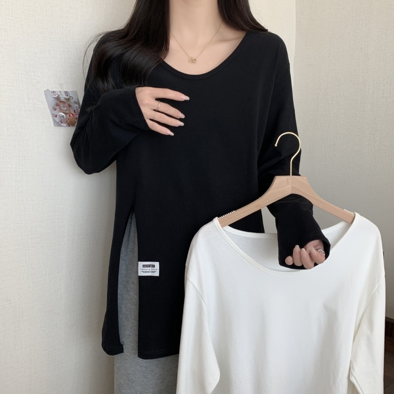 ZHELIHANGFEI Áo Thun Tay Dài Dáng Rộng Xẻ Tà Dễ Phối Đồ Thời Trang