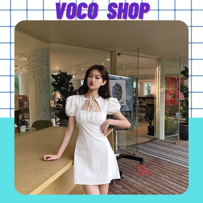 Váy Xếp Li Ngực Tay Bồng Buộc Cổ Ôm Body Sang Chảnh, Chất Liệu Mềm Mịn Không Nhăn - VOCO SHOP