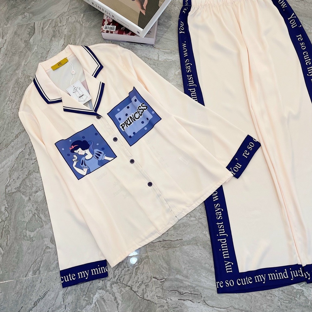 Bộ pijama bạch tuyết xanh họa tiết trẻ trung dành cho các nàng đây ạ, lụa cao cấp mặc dễ chịu thoải mái