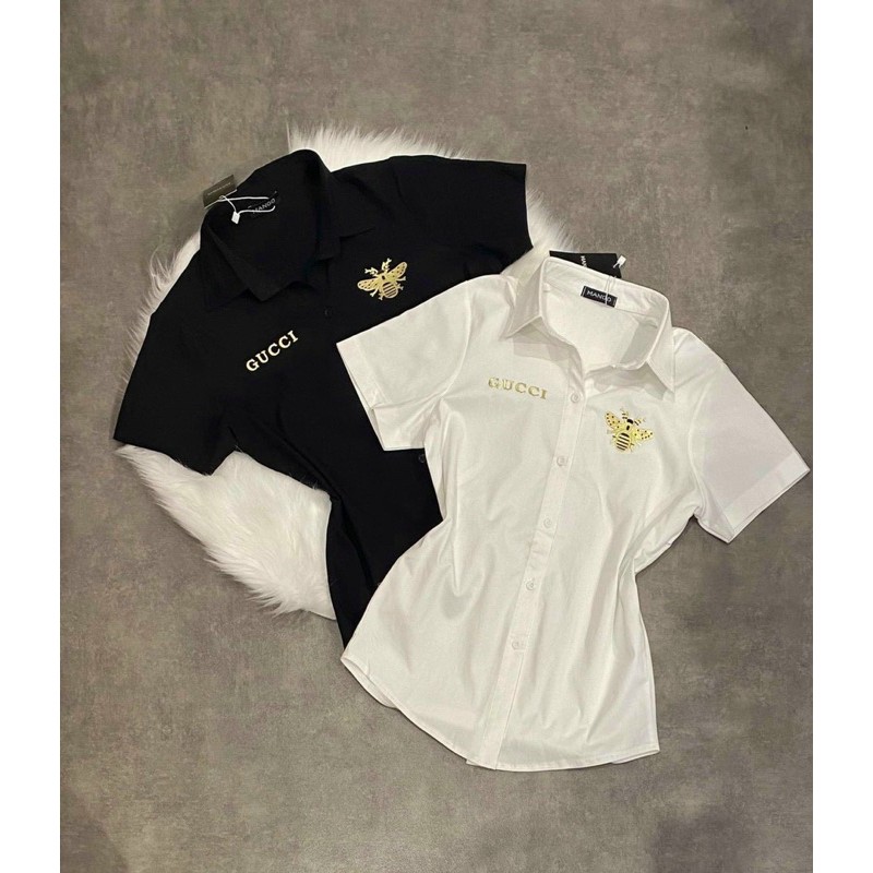 Áo sơ mi form ôm ngắn tay dập logo chữ con ong bên ngực cực xinh , chất kate lụa mềm mịn mát