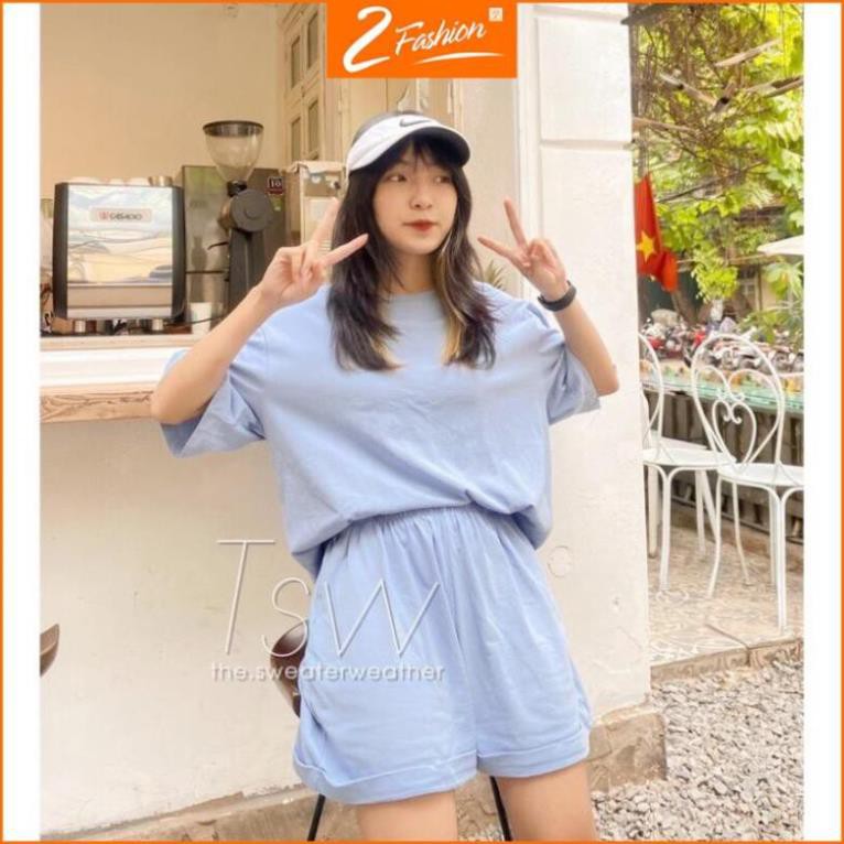Set Trơn Thụng Cộc Tay Nữ 🌸 Bộ Quần Short Đùi Áo Thun Form Rộng Tay Lỡ, Sooc Phông Mặc Ở Nhà, Đi Chơi *