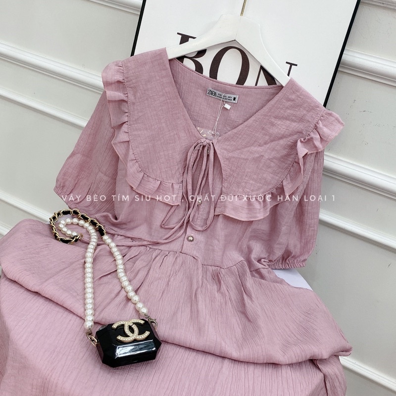 Váy tím đũi xước cổ sen bèo buộc dây cúc ngọc dáng xòe, váy đũi dáng xòe màu tím xinh VTTB