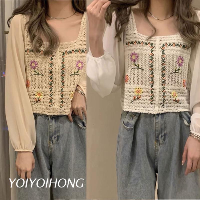 Áo Sweater Dệt Kim Vải Voan Tay Phồng Cổ Vuông Thêu Hoa Kiểu Pháp Xinh Xắn Cho Nữ