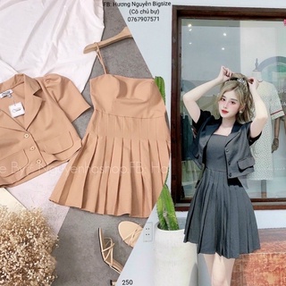 60-90kg bigsize set áo vest + đầm xếp ly cực xịn