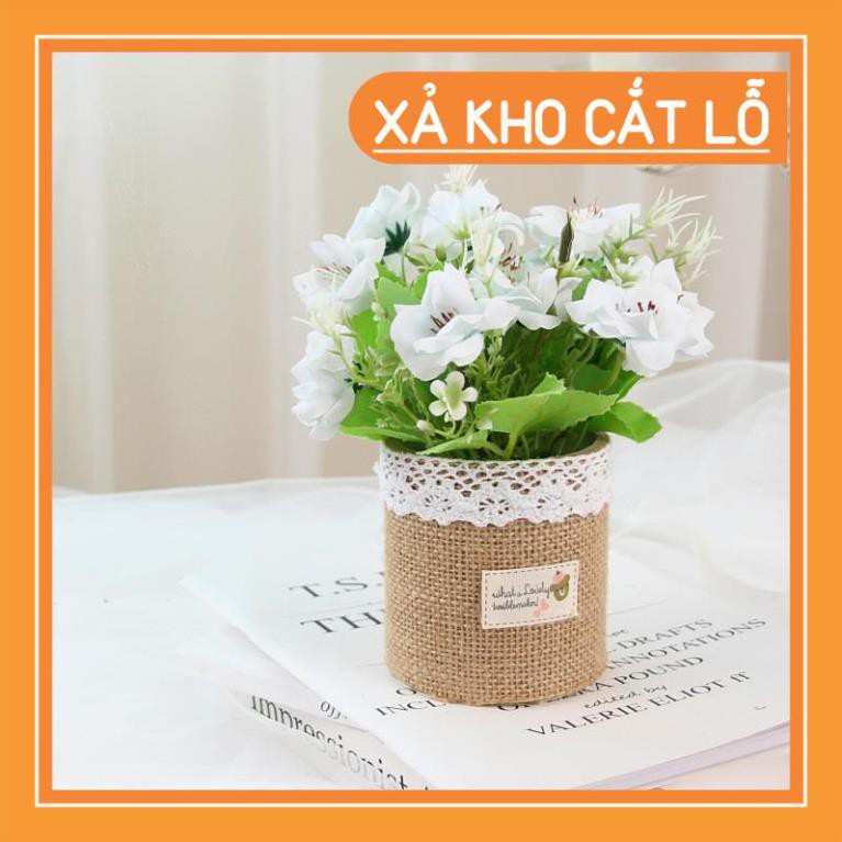 Hoa giả trang trí để bàn đẹp, hoa giả cỏ dại KHALIK - chậu hoa bằng vải bố - HF014
