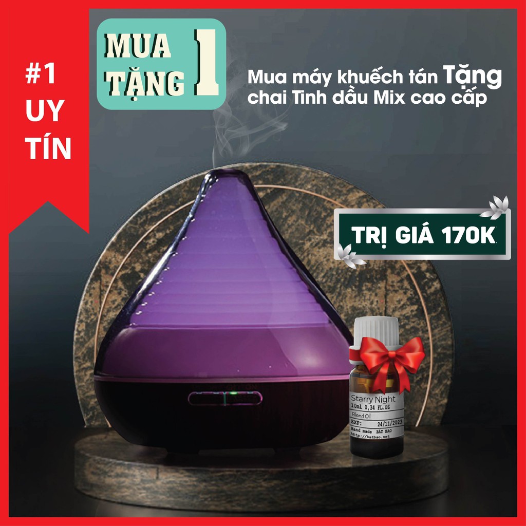 Máy khuếch tán tinh dầu phun sương siêu âm cao cấp GX13 vân gỗ 150ml, đèn led 7 màu, tự ngắt an toàn, bảo hành 3 tháng