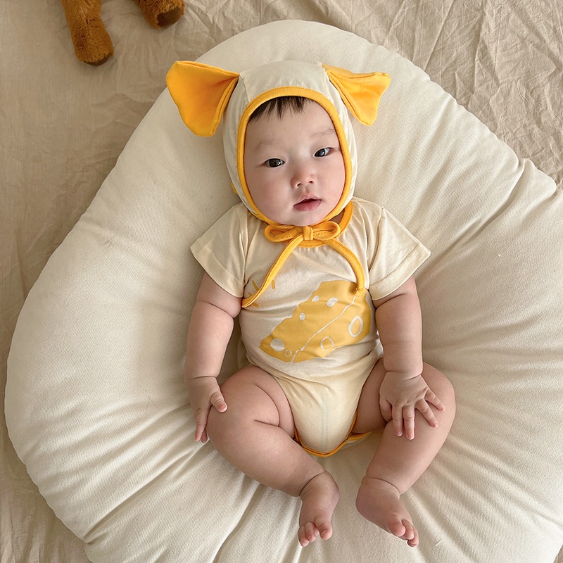 Bộ Áo Liền Quần Tam Giác Tay Ngắn Kèm Mũ Thời Trang Mùa Hè Dễ Thương Cho Bé