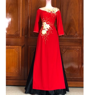 Áo dài đỏ💥FREESHIP💥áo dài đỏ cổ trong phối lưới nhẹ nhàng