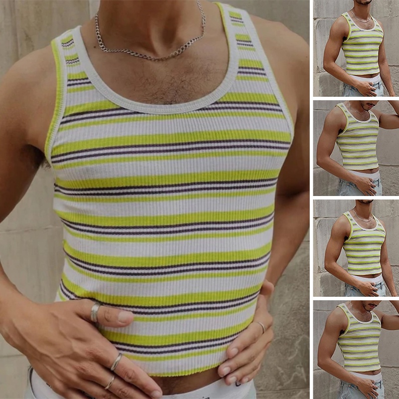 Áo Tank Top Sát Nách Cổ Tròn Kẻ Sọc Cá Tính Cho Nam