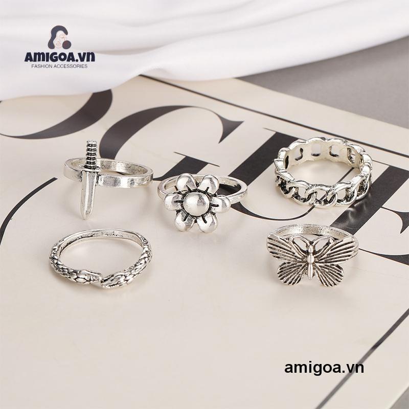 【amigoa.vn】 Set 5 Nhẫn Hình Rắn/Bướm/Cá Sấu Retro Đơn Giản Sáng Tạo Cho Nữ