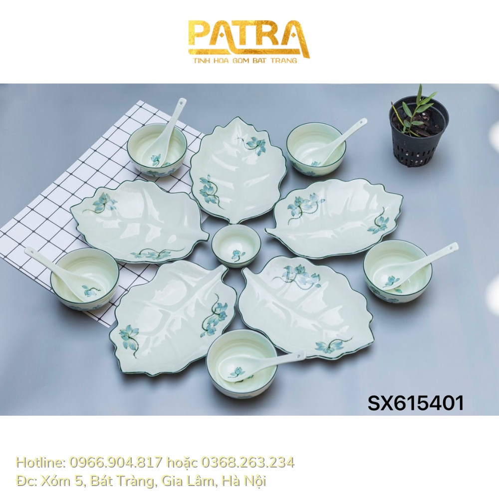 Bộ bát đĩa sứ Bát Tràng, bộ chén dĩa ăn cơm gia đình men kem họa tiết sen xanh, có bán các món lẻ