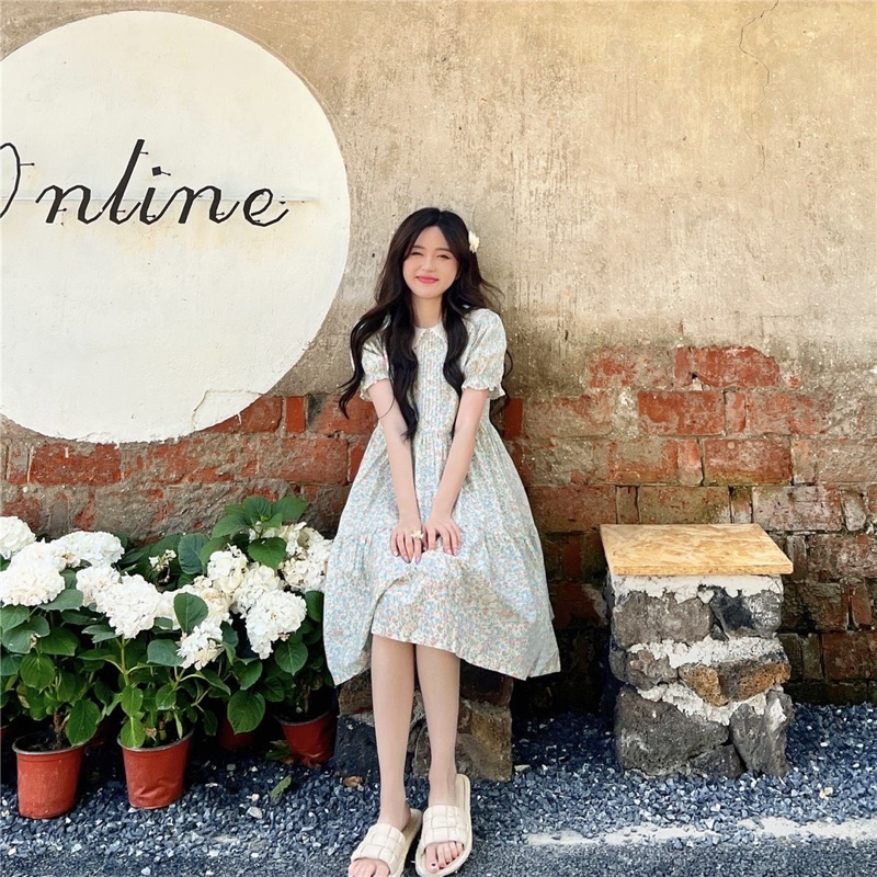 ĐẦM BBD HOA CỔ SEN TRẮNG NGỰC XẾP LY