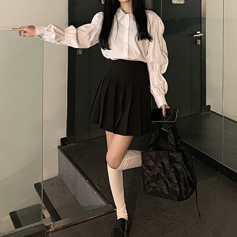 Kumivn order set 2 món áo sơ mi và chân váy xếp ly đen trắng ulzzang Hàn Quốc