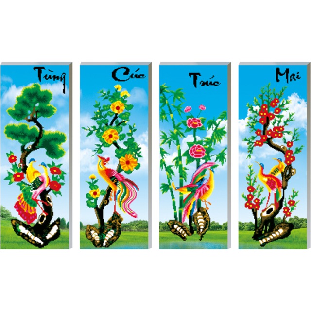 Tranh đính đá tứ quý size nhỏ. Phú quý bốn mùa may mắn bình an.