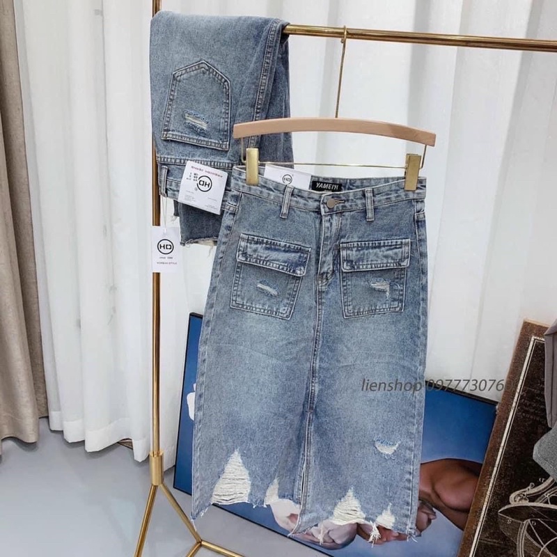 Ảnh Thật — Chân Váy Jean dài rách fom qua gối đủ size kèm ảnh thật shop chụp