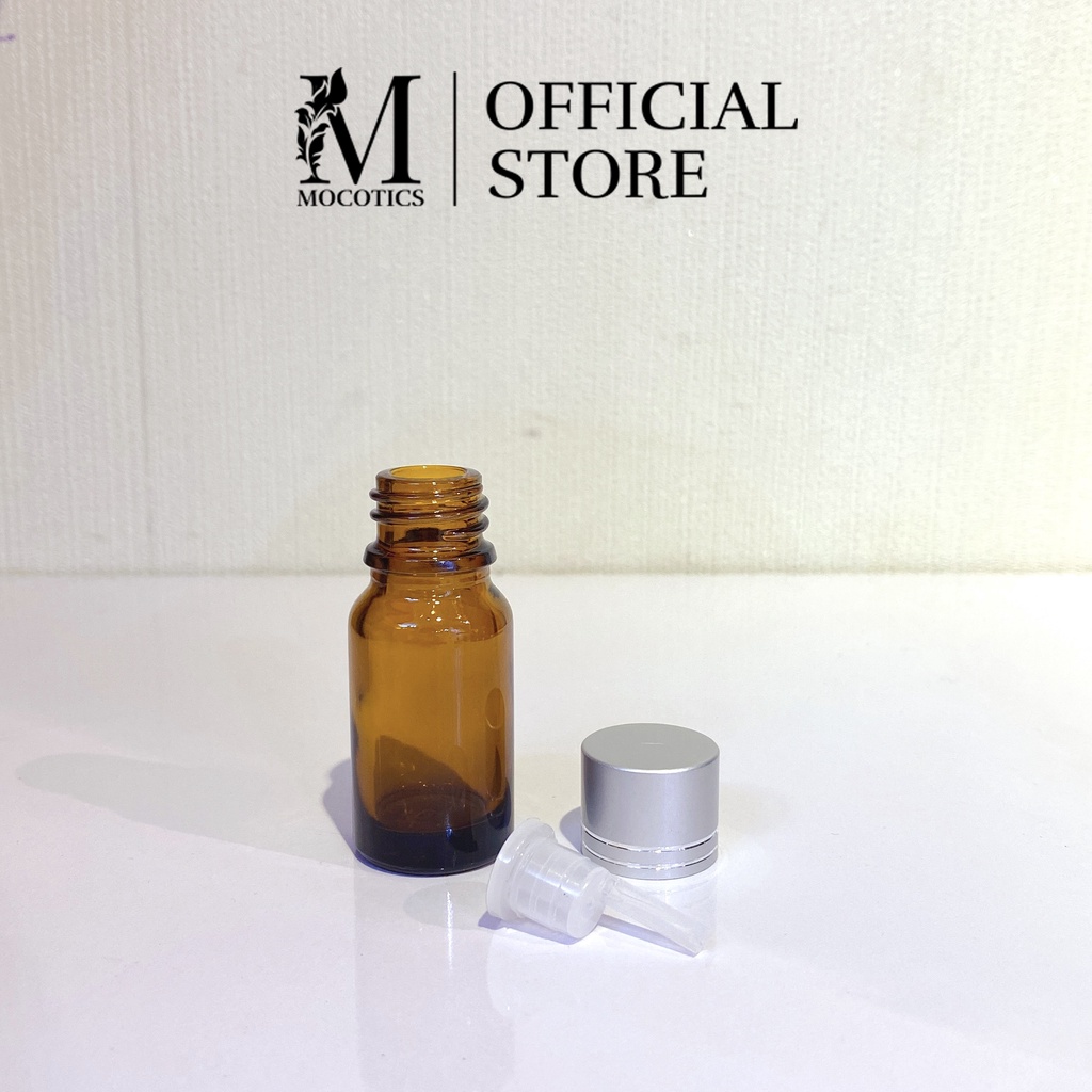 Chai lọ đựng tinh dầu nhỏ giọt 5ml,10ml,15ml,20ml,30ml,50ml Mocotics, thủy tinh nâu, nắp nhôm vàng 2 sọc, nắp vàng xoắn