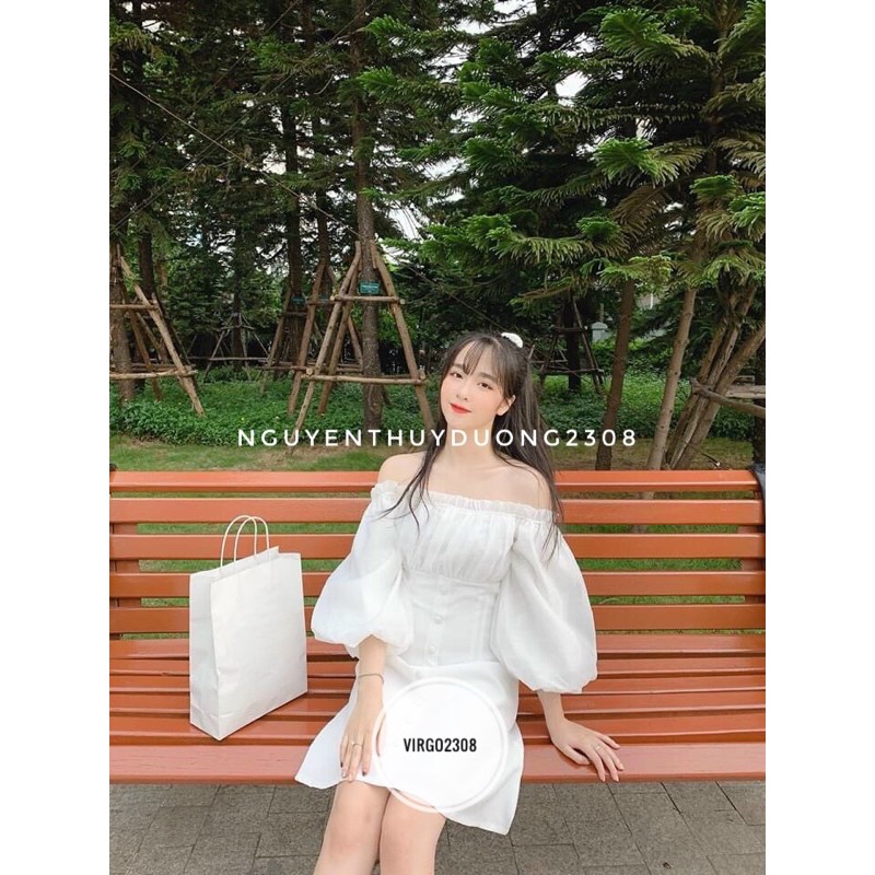 [Ảnh thật/Video]Váy Fanci trễ vai cúc bọc tiểu thư