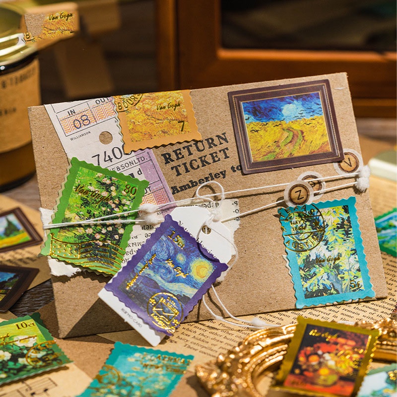 Bộ 40 Sticker Dạng Tem Nghệ Thuật Van Gogh, Monet, Da Vinci Nổi Tiếng Trang Trí Bullet Journal Bưu Thiếp