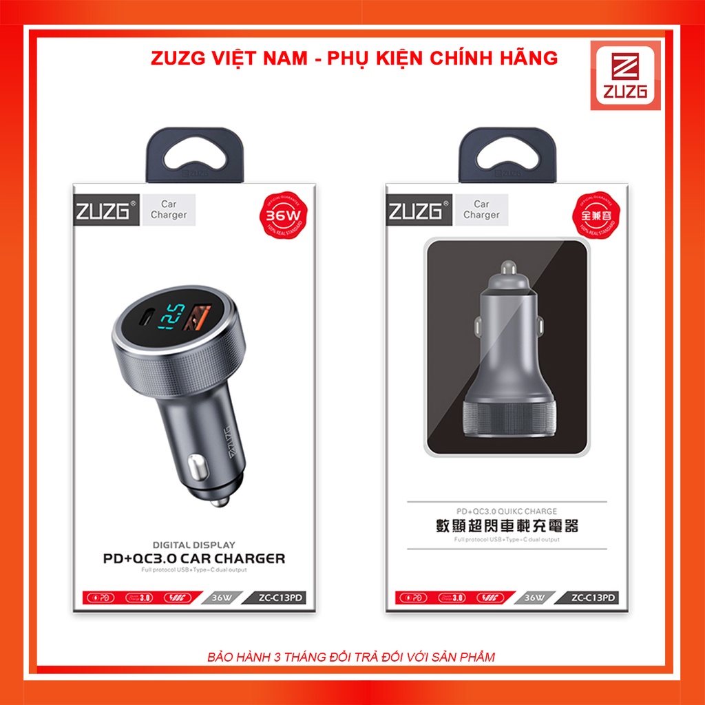 Tẩu sạc ô tô sạc nhanh 36W tự điều chỉnh dòng điện 2 cổng USB và type c chính hãng ZUZG C13PD - Z1