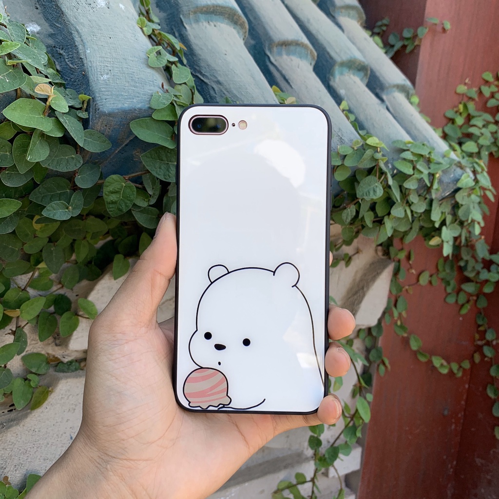 Ốp lưng iphone kính cặp đôi gấu cầm kem case 14plus 14 pro max 13 12 promax 11 mini 6 6s 7 8 plus x xr xs Se