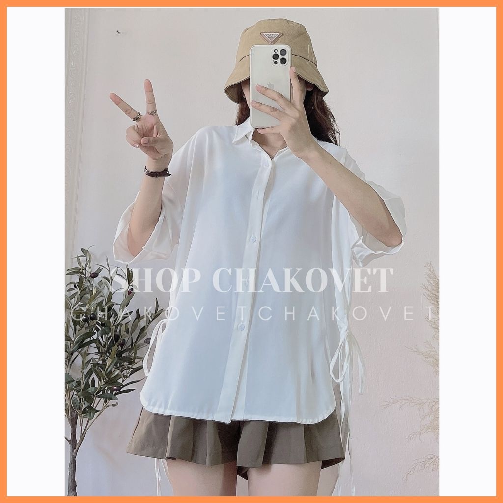 Áo babydoll nữ tay ngắn buộc nơ CKA865, mẫu áo sơ mi nữ form rộng xẻ tà 2 bên thắt nơ siêu xinh freesize &lt;53kg mẫu mới