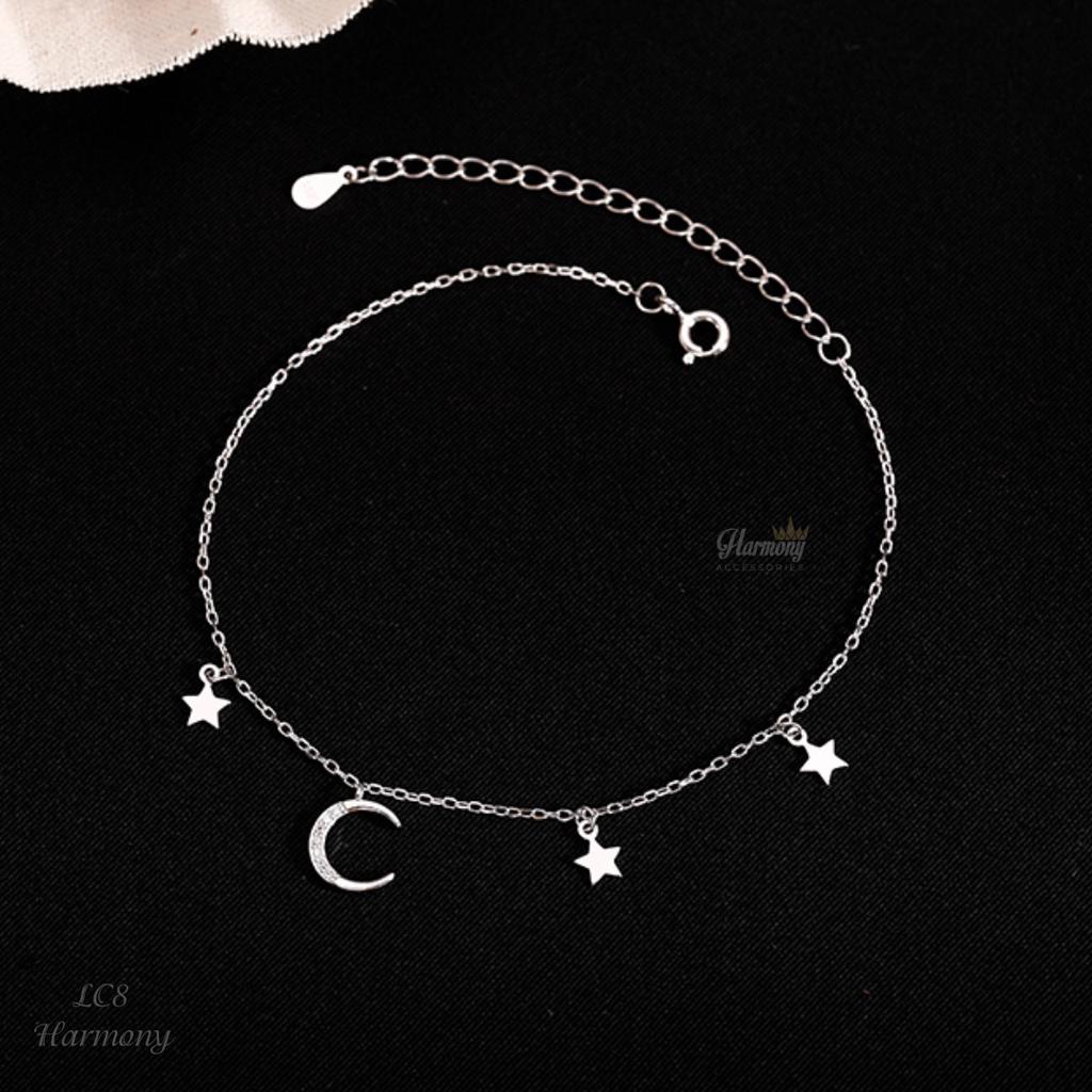 Lắc chân bạc nữ 925 xi bạch kim đính mặt trăng ngôi sao Moon Star xinh xắn | HARMONY ACCESSORIES LC8