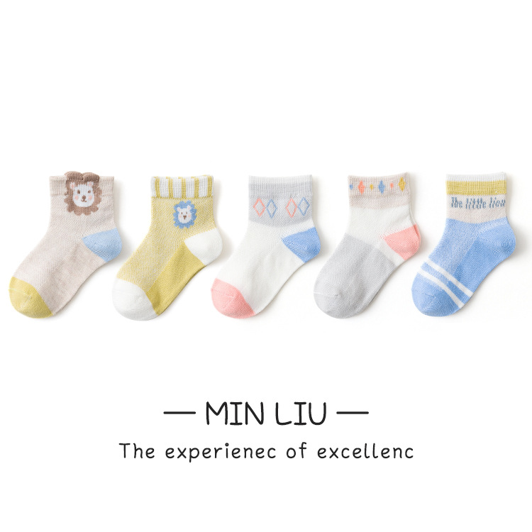 Set 5 Đôi Vớ Cotton Cổ Ngắn Phối Lưới Thoáng Khí Họa Tiết Hoạt Hình Dễ Thương Cho Bé 1-12 Tuổi