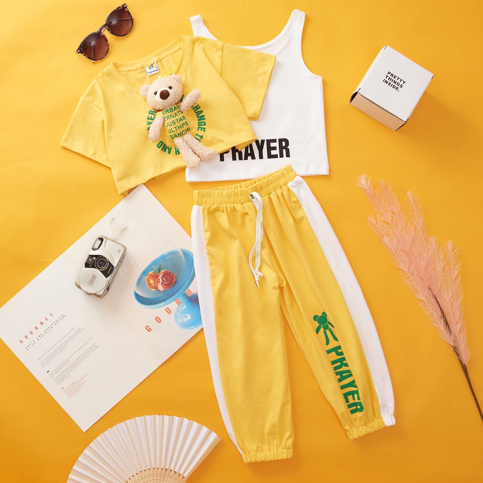 Set quần dài croptop gấu bé gái thun cotton 4 chiều 100%