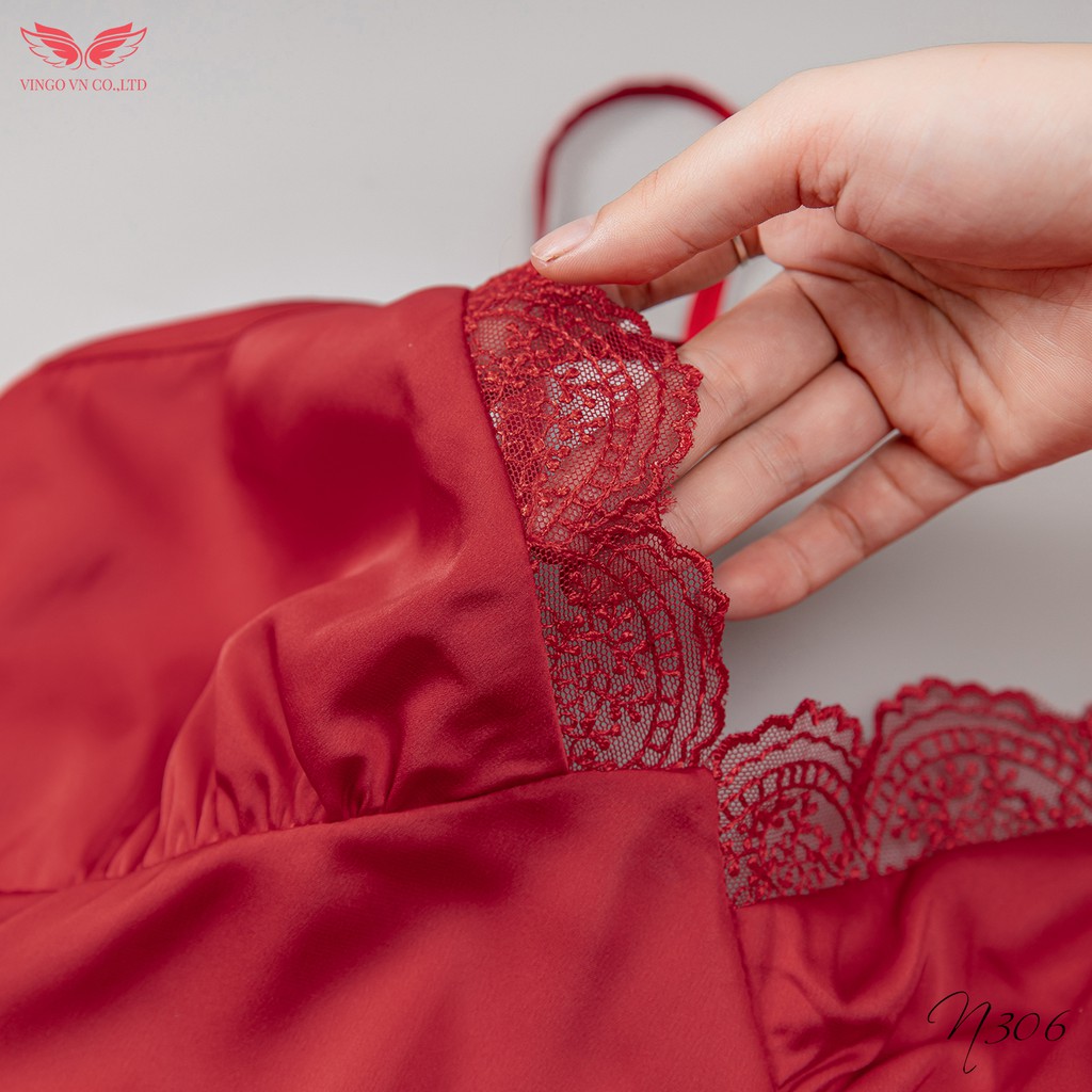 VINGO Váy Ngủ Hai Dây Nữ Lụa Pháp Trơn Cao Cấp Phối Ren Ngực Sexy Quyến Rũ N306 VNGO | BigBuy360 - bigbuy360.vn