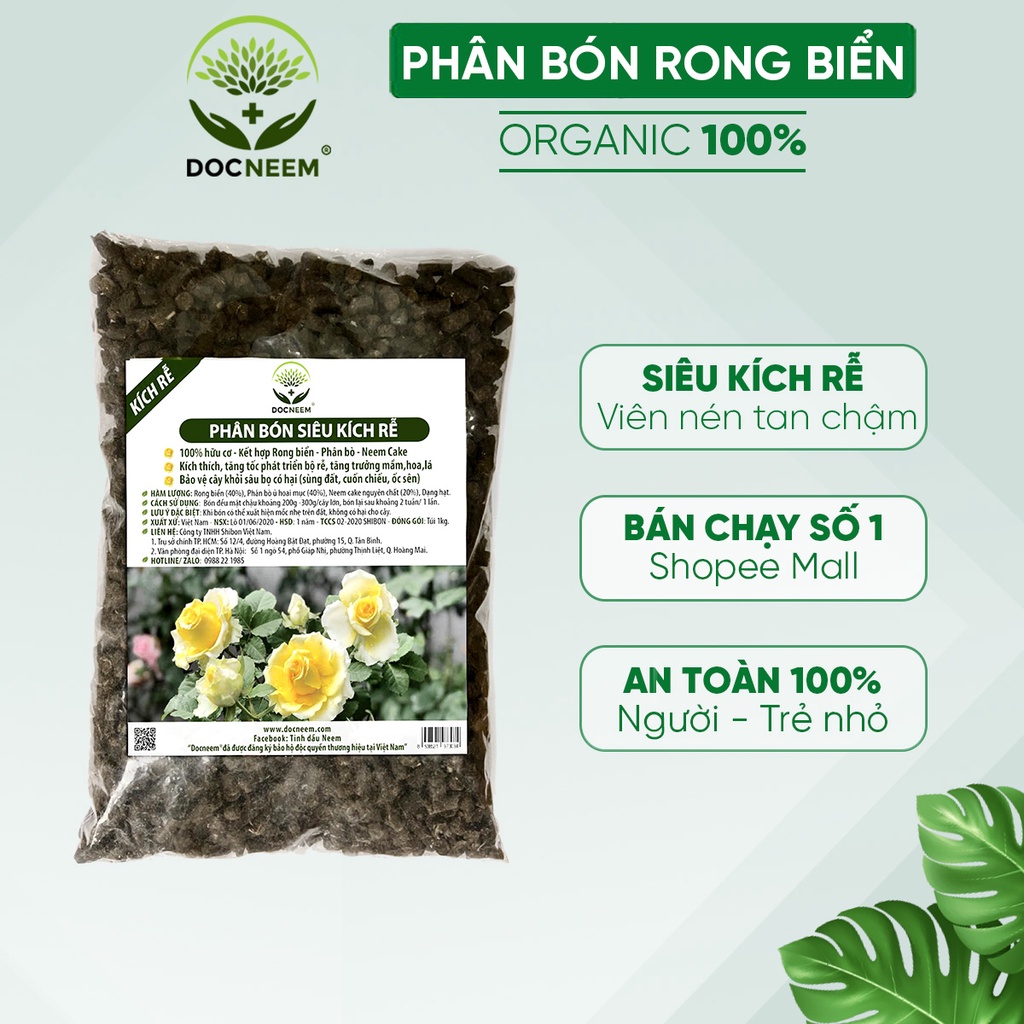 Phân bón rong biển DOCNEEM siêu kích rễ mầm, hữu cơ bổ sung Neemcake, ủ hoai cho hoa, cây cảnh, rau sạch túi 1kg