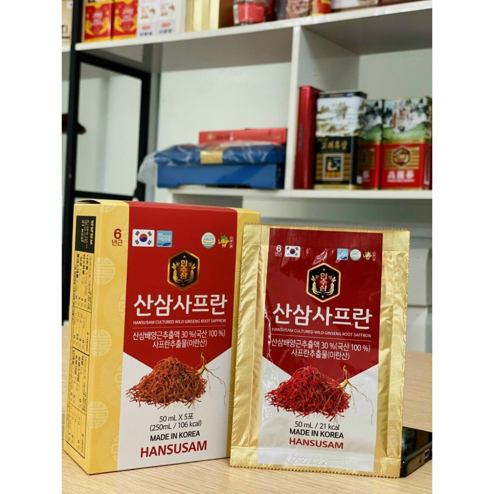 Nước Hồng Sâm Nhụy Hoa Nghệ Tây Korean Red Ginseng Saffron Hansusam Hàn Quốc Hộp 30 Gói X 50ml
