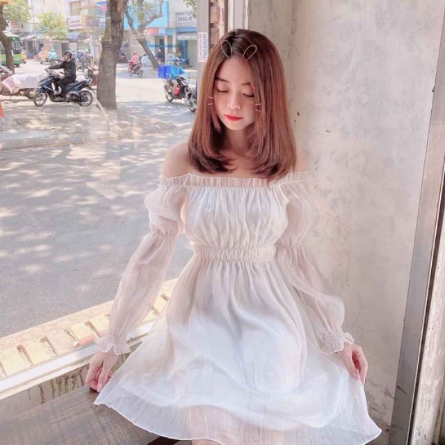 Đầm trắng tay phồng dạo phố siêu xinh dịu dàng Eo Thun Chỉ