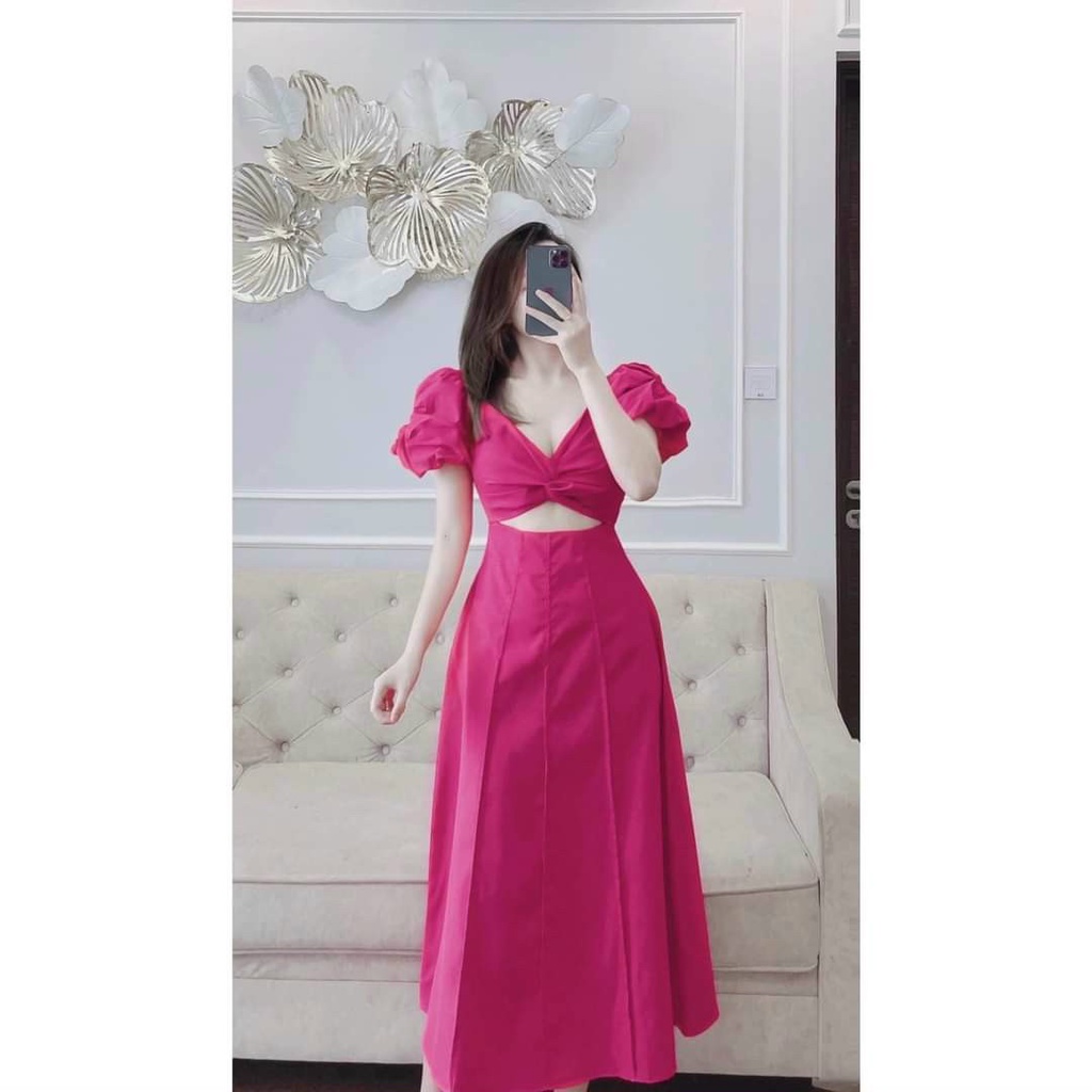 đầm xòe dáng dài tay phồng cổ tim xoắn ngực, trẻ trung đầy cá tính