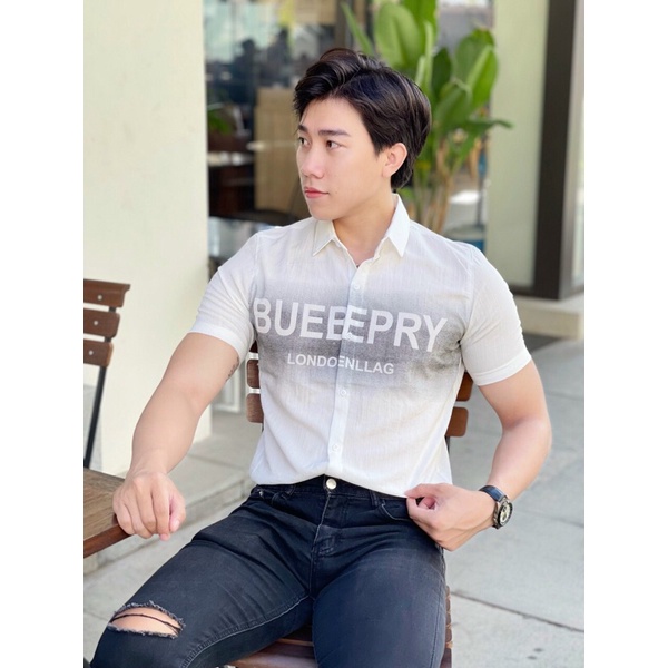 Áo sơ mi nam nữ ngắn tay chất liệu vải đũi in chữ BURB, BALEN, phong cách thời trang công sở tinh tế và sang trọng