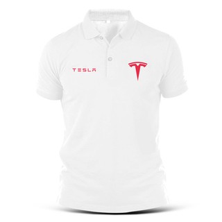 Áo thun tay ngắn có cổ in biểu tượng và chữ TESLA cho nam nữ