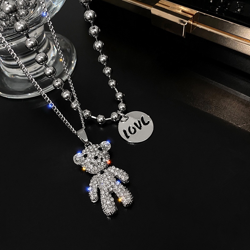Vòng cổ Hai Lớp Bằng Thép Titan Cao Cấp Hình Gấu Đính Kim Cương Sang Trọng