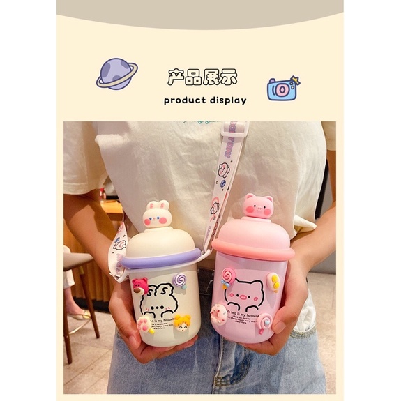 Bình nước giữ nhiệt INOX 3D cute dễ thương có kèm dây đeo cho các bé lớn mang đi học!