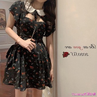 🌼 Bàn đạp chân to M-5XL🌼Đầm hoa cổ búp bê màu đen Size lớn phong cách Retro Pháp
