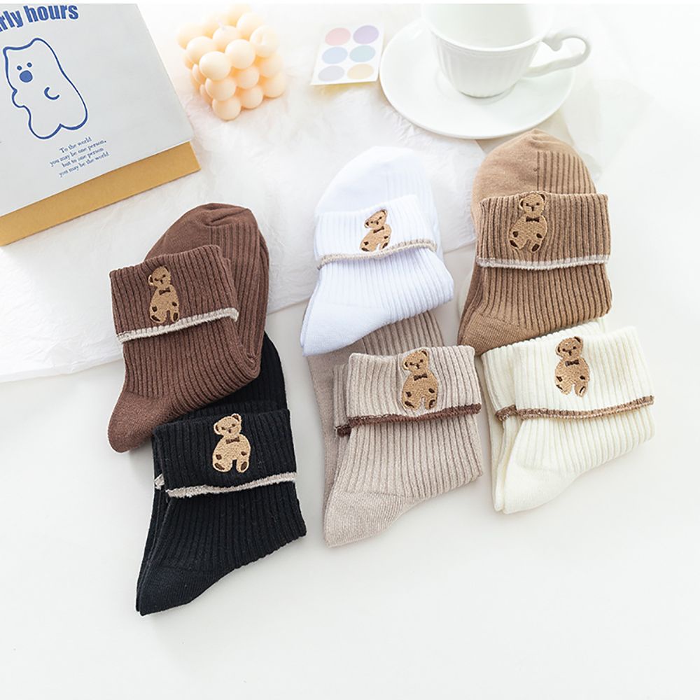 Đôi vớ cotton ống dài vừa màu trơn thêu hình gấu hoạt hình dễ thương thoáng khí phong cách Harajuku cho nữ