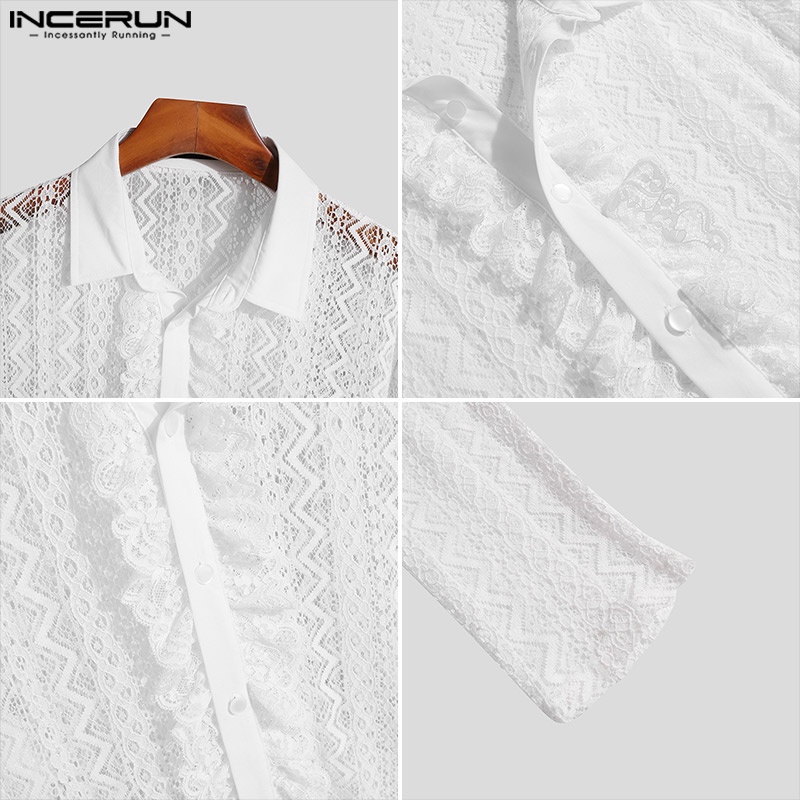 Áo sơ mi INCERUN dài tay phối ren lưới xuyên thấu phong cách Anh Quốc thanh lịch cho nam