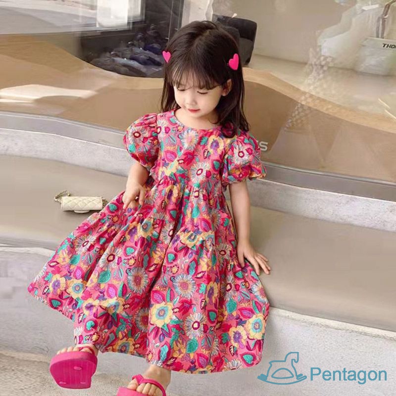 Đầm Tay Ngắn Cổ Tròn In Họa Tiết Hoa Xinh Xắn Thời Trang Cho Bé Gái 1-5 Tuổi