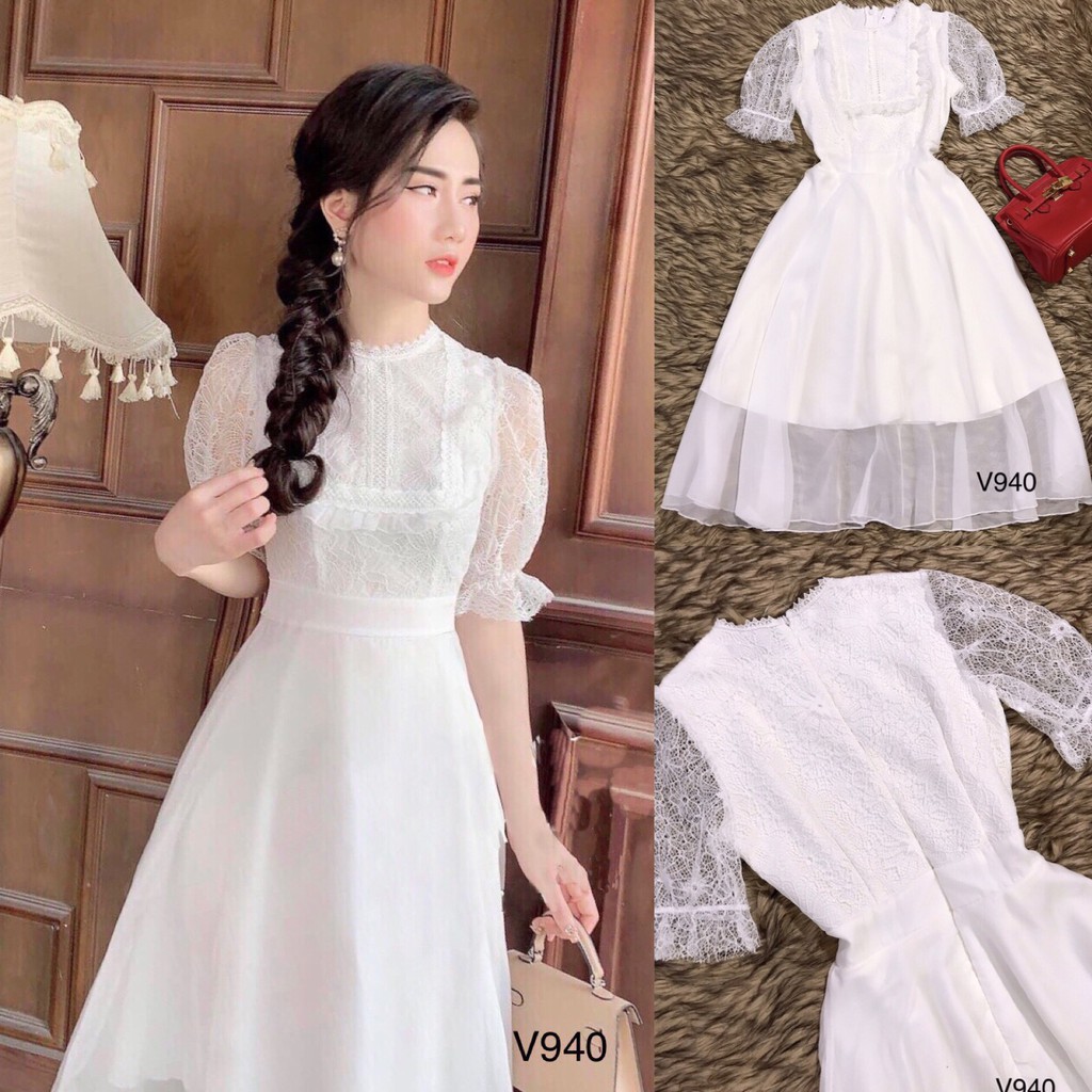 [ xả kho ] MiD Váy trắng dự tiệc voan tơ cao cấp pha ren dáng xòe V940 Mie Design kèm ảnh thật