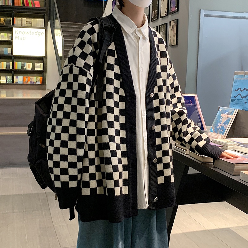 Áo len cardigan nam cổ V dáng rộng caro, áo gile len nam form rộng hàn quốc oversize mặc đi học đi chơi