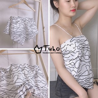 Áo 2 dây thổ cẩm trắng tuho nữ, áo thun 2 dây borip phong cách vintage cột nơ lưng siêu xinh