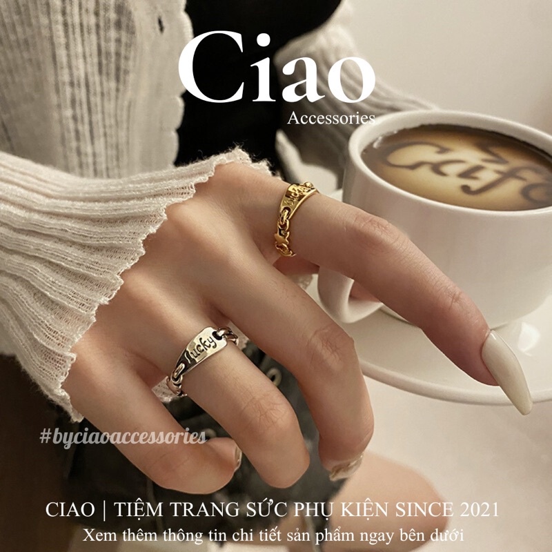 [HOẢ TỐC 1H] Nhẫn mạ bạc S925 thiết kế khắc chữ tinh tế phong cách trendy Lucky Ciao