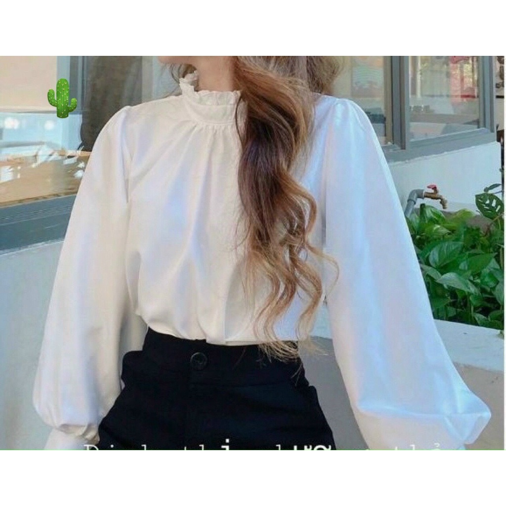 áo sơ mi tay dài tiểu thư  may phối díu cổ pc