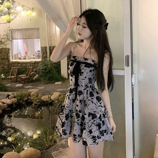 Đầm hoa hai dây ZHELIHANGFEI thắt nơ dáng ngắn thời trang quyến rũ cao cấp