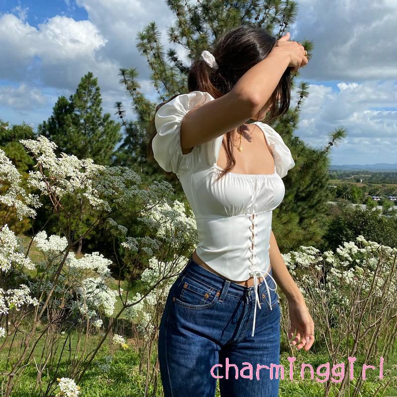 Áo thun tay phồng màu sắc trơn phong cách Hàn Quốc cho nữ